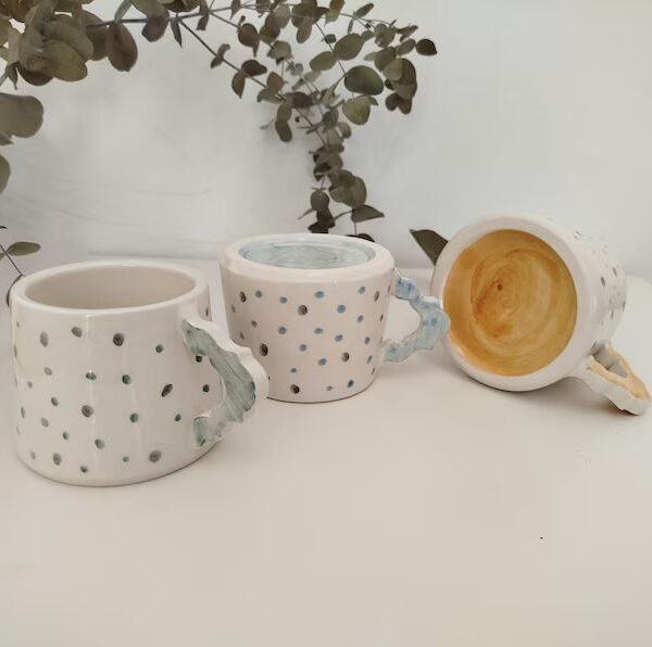 Tazas hechas a mano, tazón blanco con estampados coloridos para desayunos, regalo pareja, cerámica slow, regalo boda,aniversario