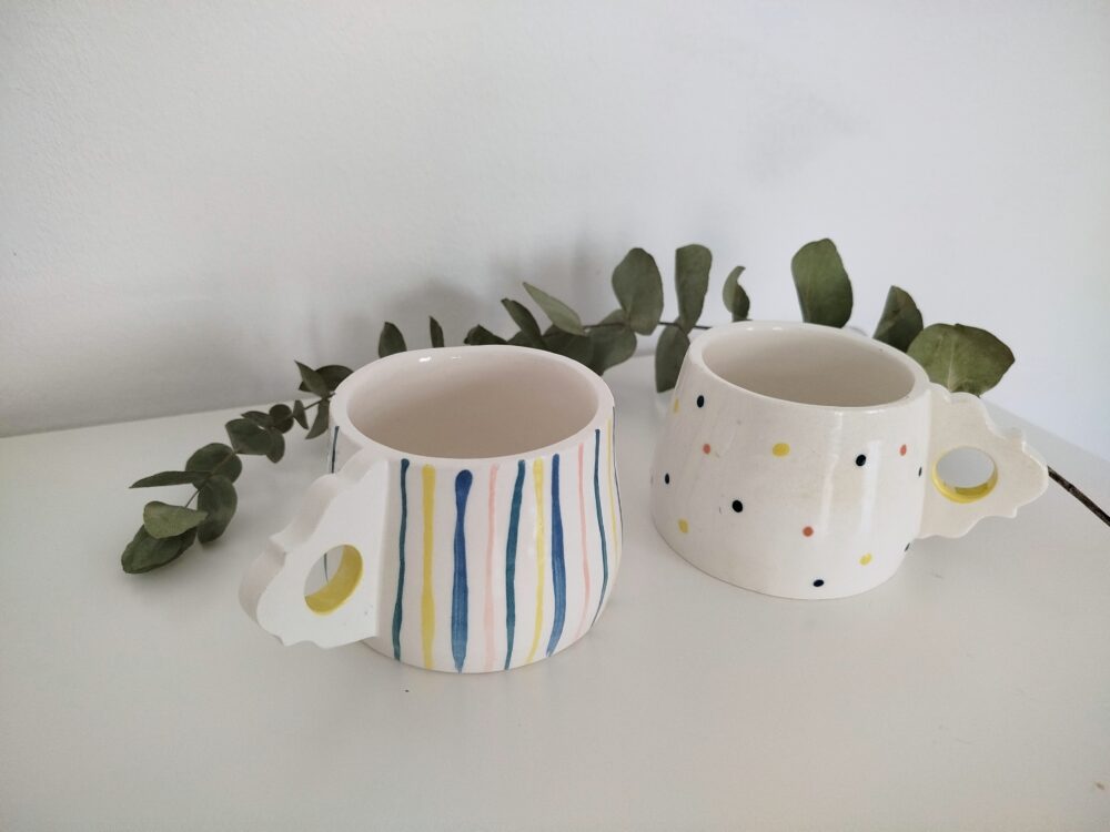 Tazas hechas a mano, tazón blanco con estampados coloridos para desayunos, regalo pareja, cerámica slow, regalo boda,aniversario