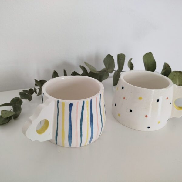 Tazas hechas a mano, tazón blanco con estampados coloridos para desayunos, regalo pareja, cerámica slow, regalo boda,aniversario