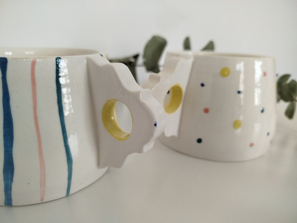 Tazas hechas a mano, tazón blanco con estampados coloridos para desayunos, regalo pareja, cerámica slow, regalo boda,aniversario - Imagen 5