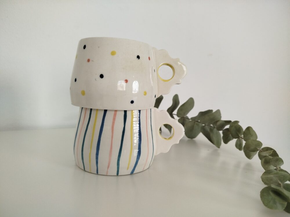 Tazas hechas a mano, tazón blanco con estampados coloridos para desayunos, regalo pareja, cerámica slow, regalo boda,aniversario - Imagen 4