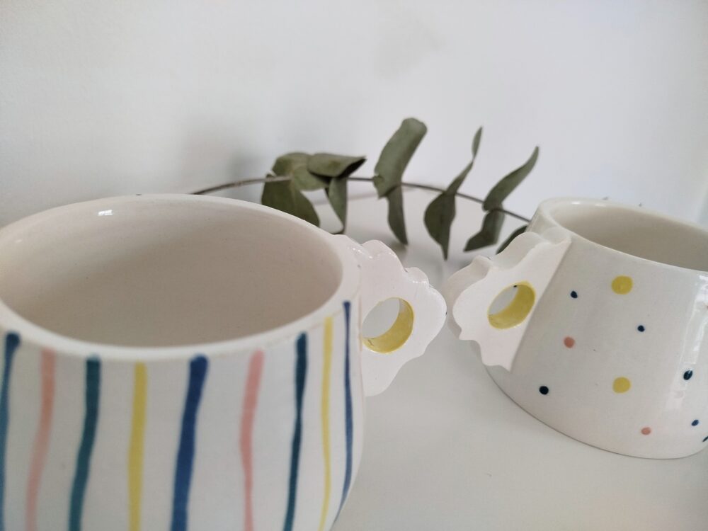 Tazas hechas a mano, tazón blanco con estampados coloridos para desayunos, regalo pareja, cerámica slow, regalo boda,aniversario - Imagen 3