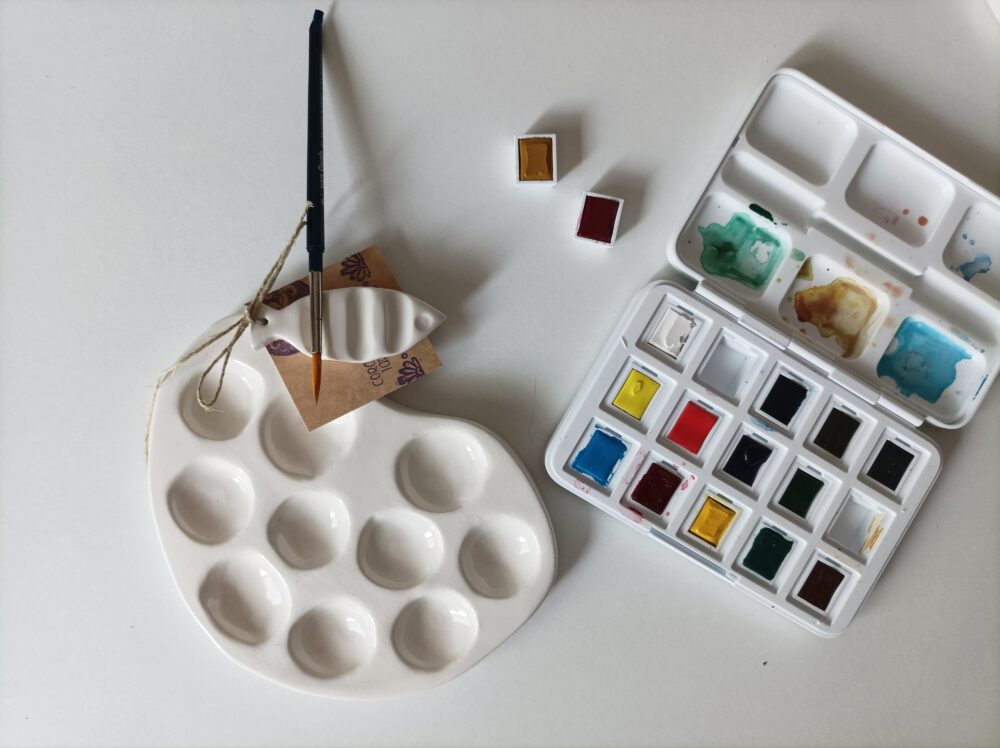 Paleta para mezclar colores de cerámica, paleta para acuarelas, apoya-pinceles, set para acuarelas, accesorios pintura, regalo para pintor